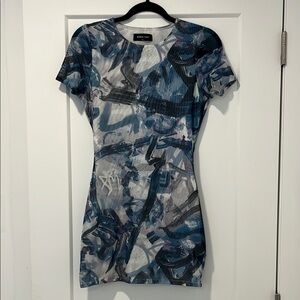 White Fox Boutique Blue Gray Flutter Sleeve Bodycon Mini Dress